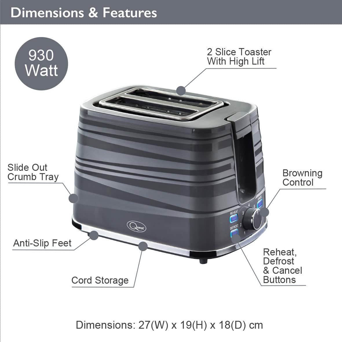 Quest Harmony grey two-slice toaster