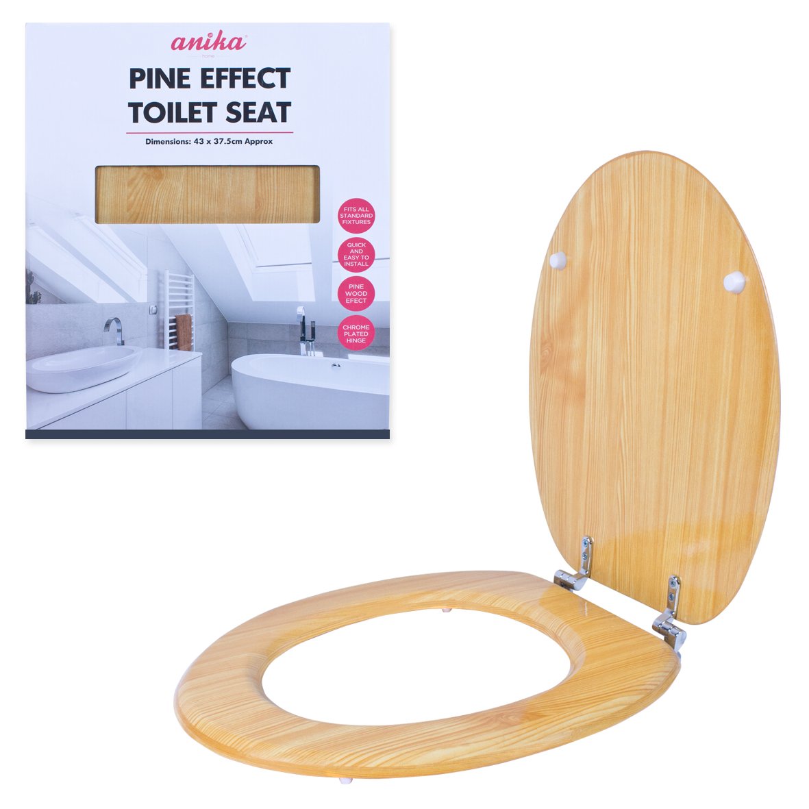 Pine-effect toilet seat with chrome hinges
