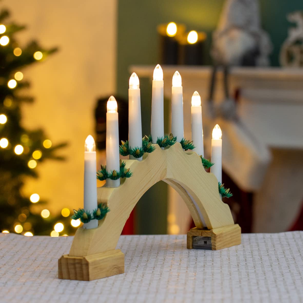 Wooden arched Christmas candle bridge with 7 warm white LEDs