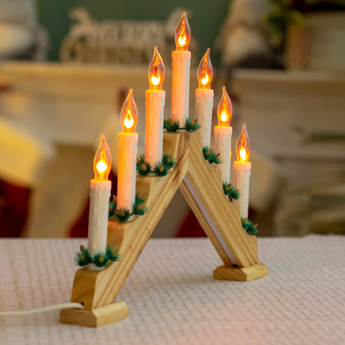 Wooden Christmas candle bridge with 7 flickering lights