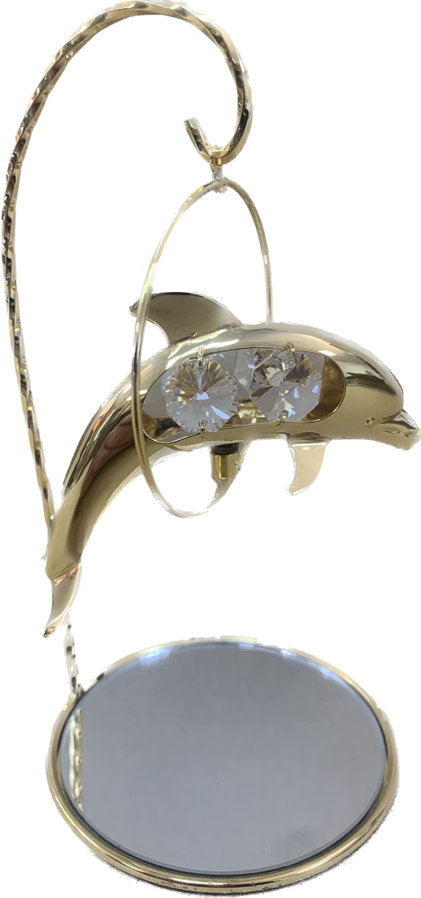 Gold-plated dolphin ornament with crystal detail and mirrored stand