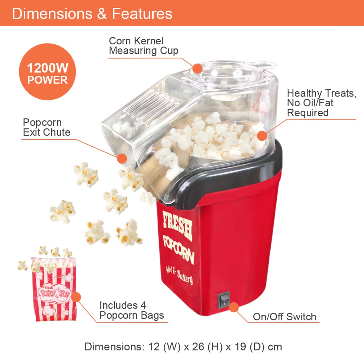 Global Gizmos red 1200W hot air popcorn maker