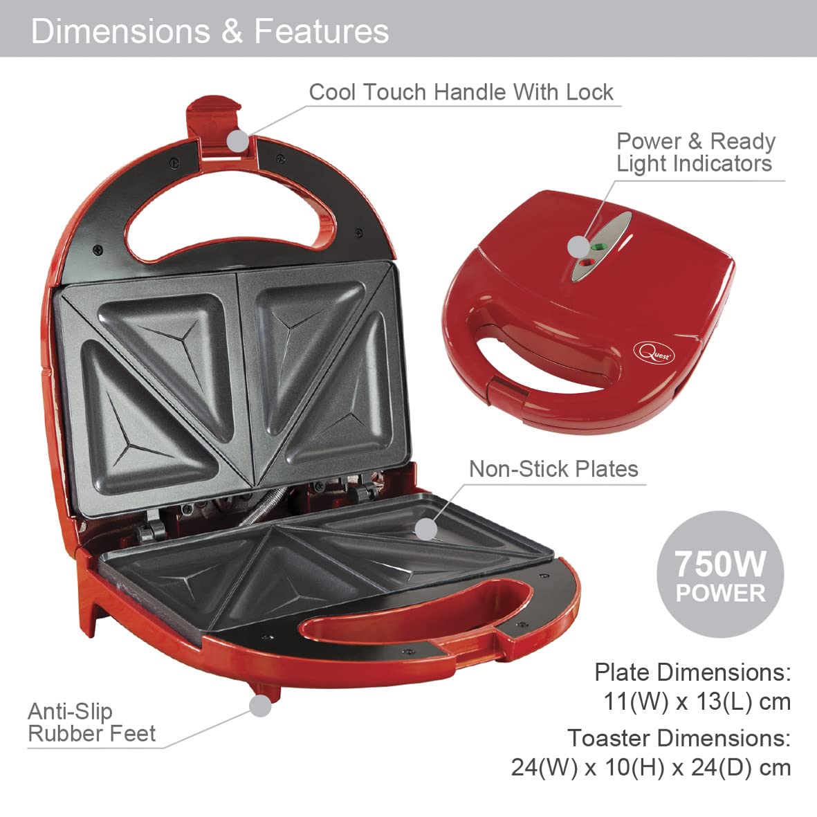Quest red 750W 2-slice sandwich toastie maker