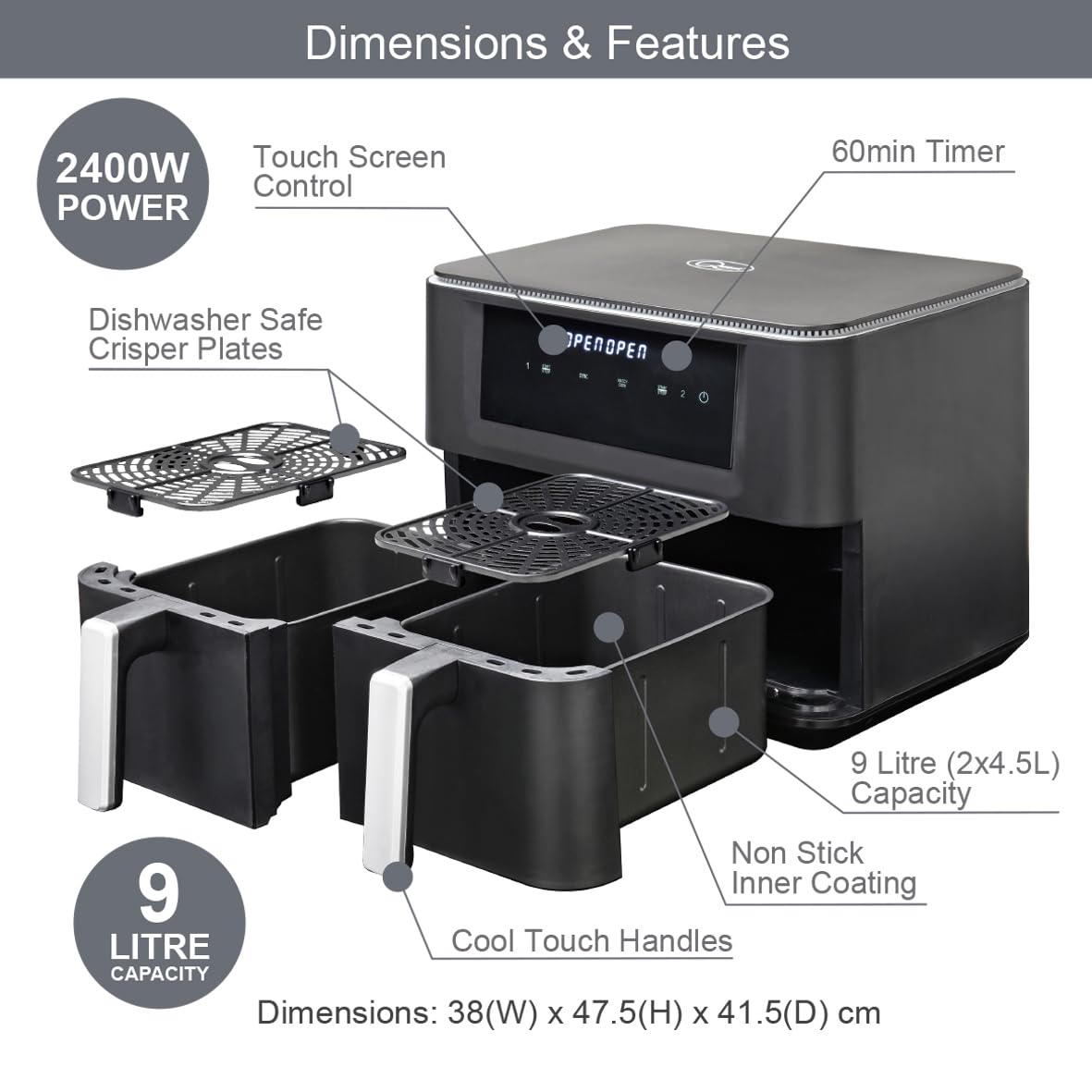 Quest 9L dual basket 2400W air fryer with two 4.5L baskets