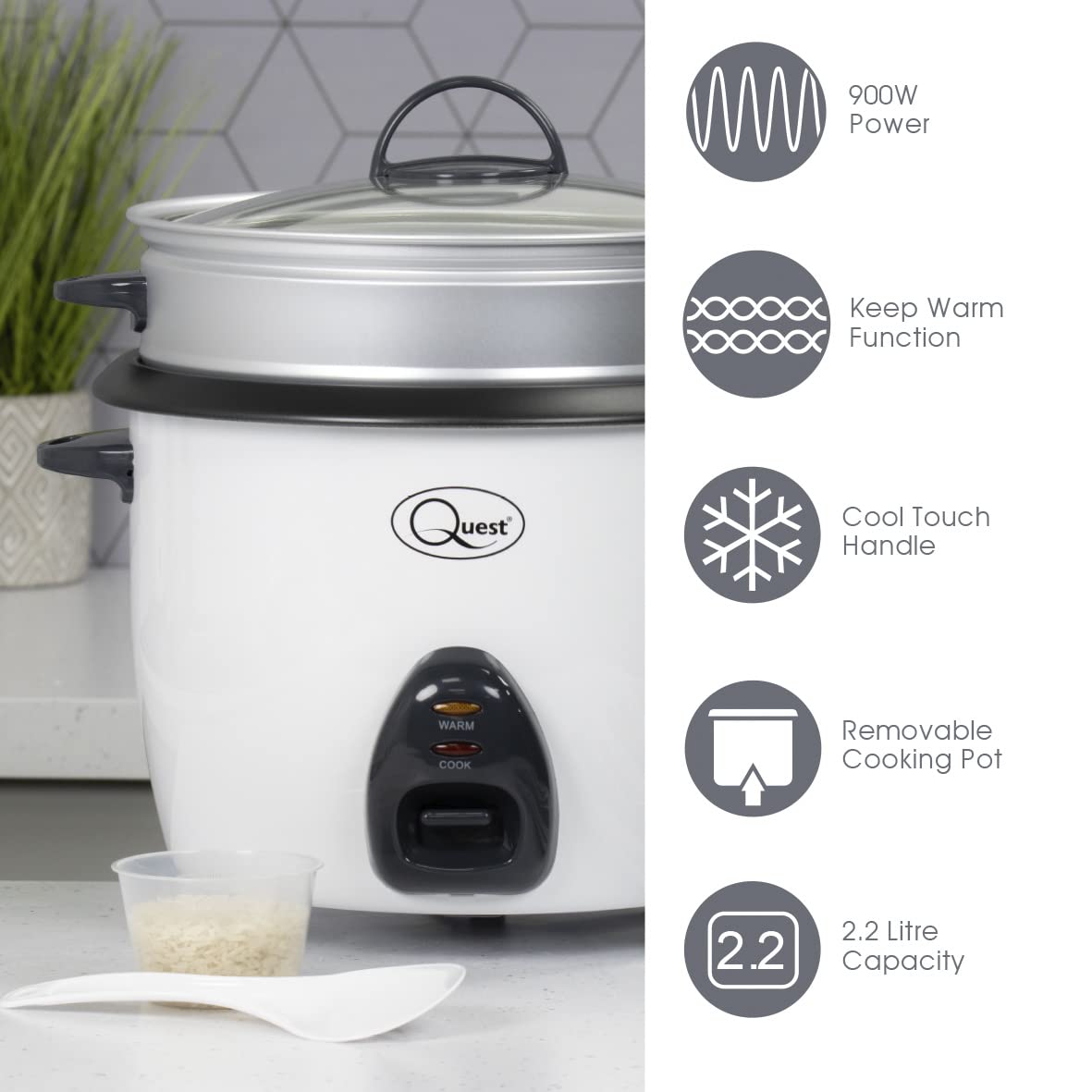 Quest 2.2L 900W white rice cooker and steamer
