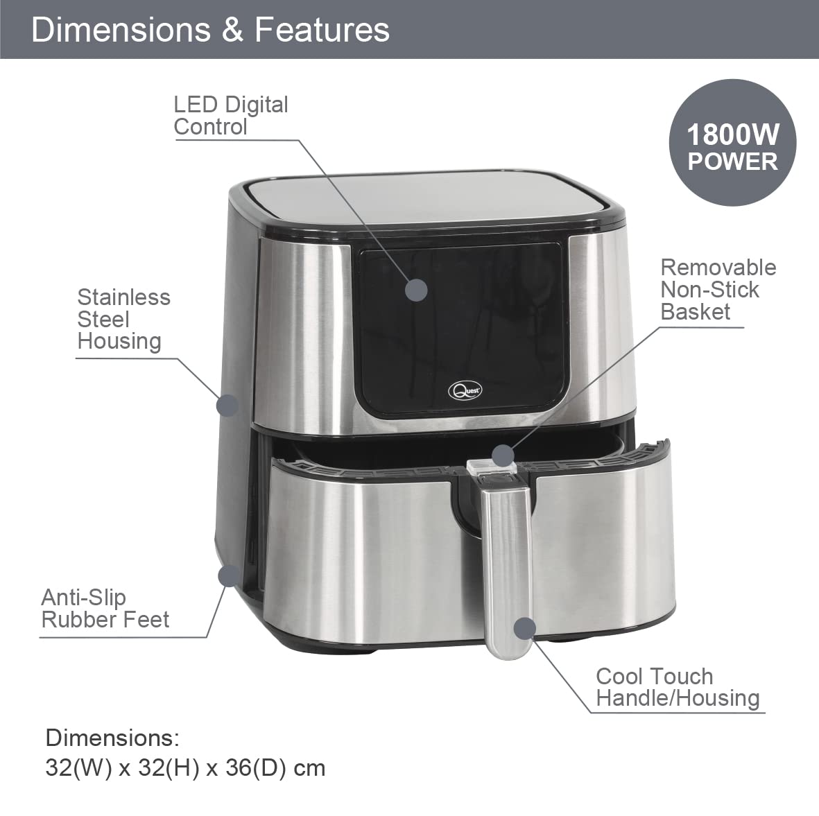 Quest 5.5L 1800W digital air fryer in black