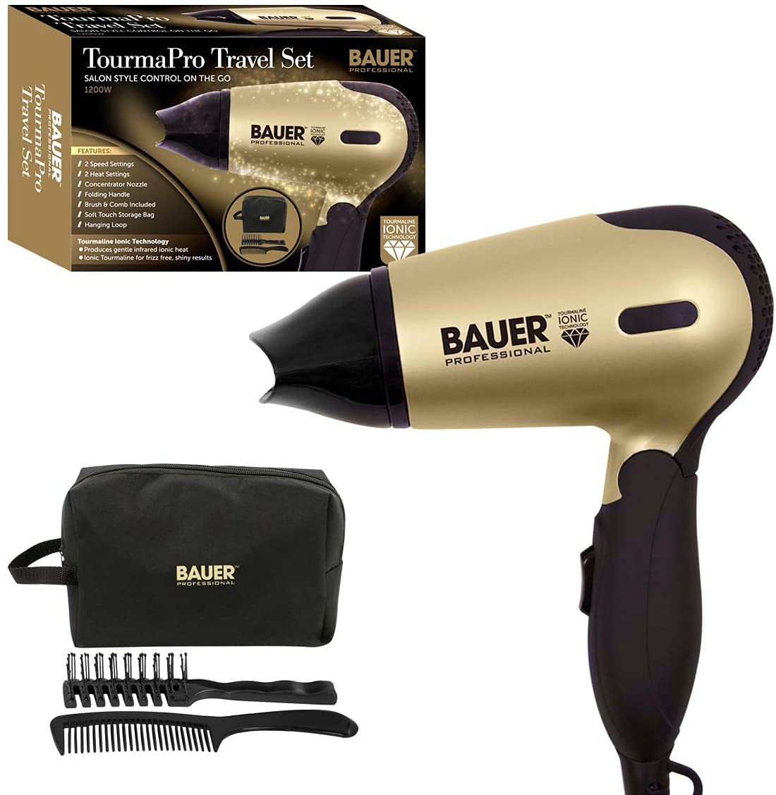 Bauer black and gold 1200W travel hair dryer set