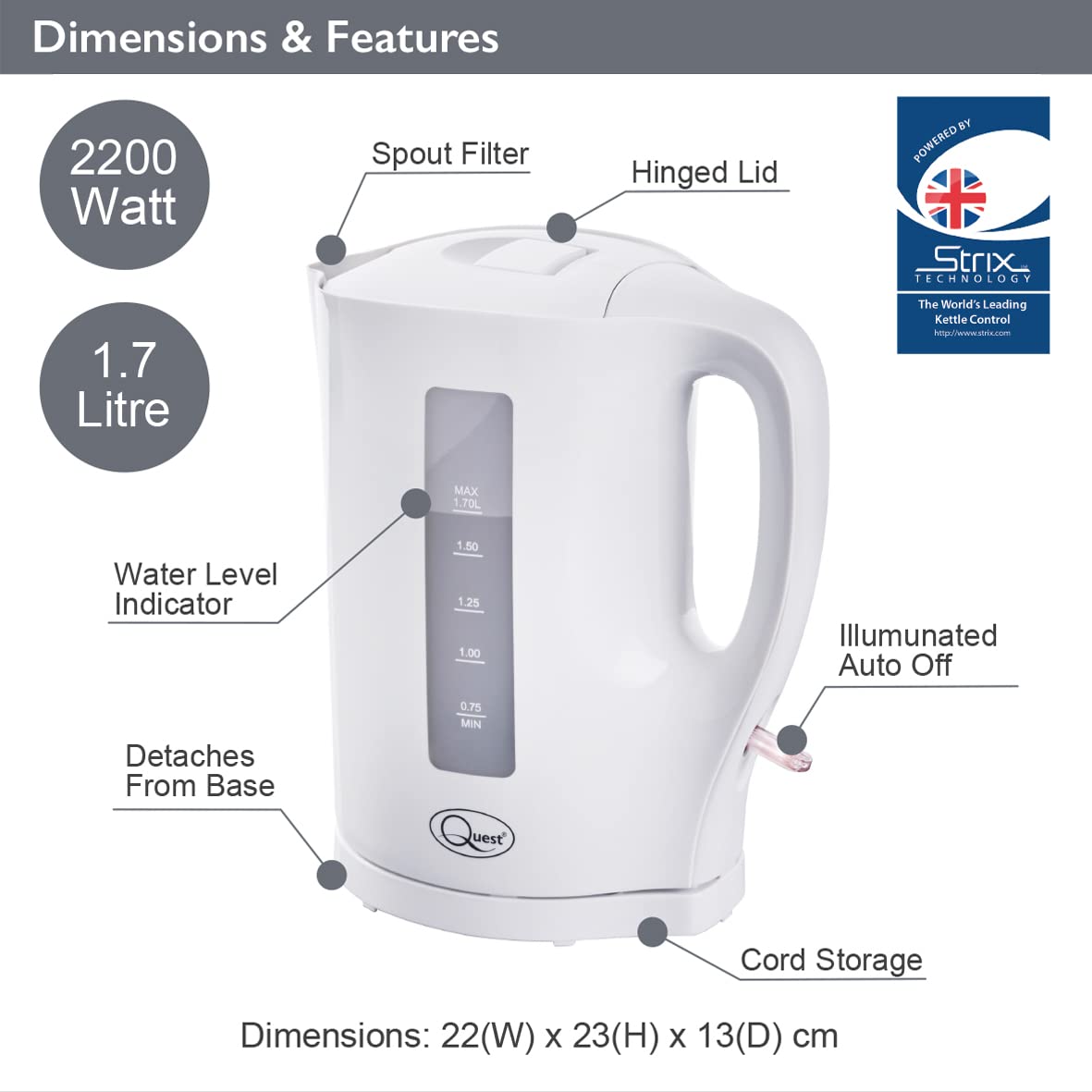 Quest white 1.7L electric kettle