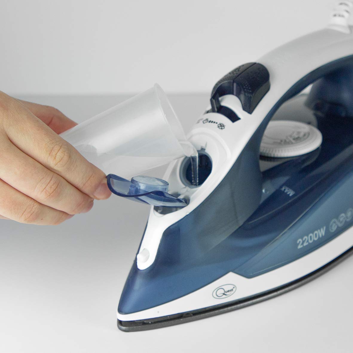 Quest 2200W blue and white steam iron with non-stick soleplate