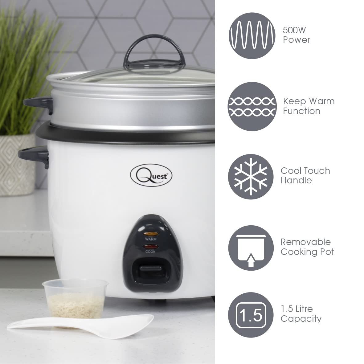 Quest 1.5L 500W white rice cooker and steamer