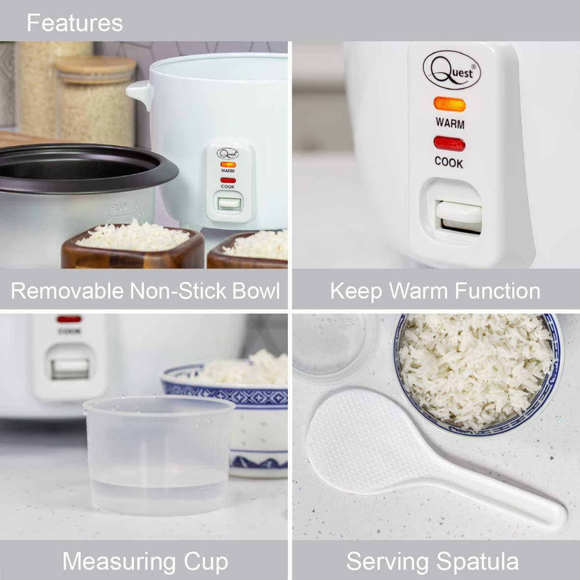 Quest rice cooker with transparent glass lid and accessories