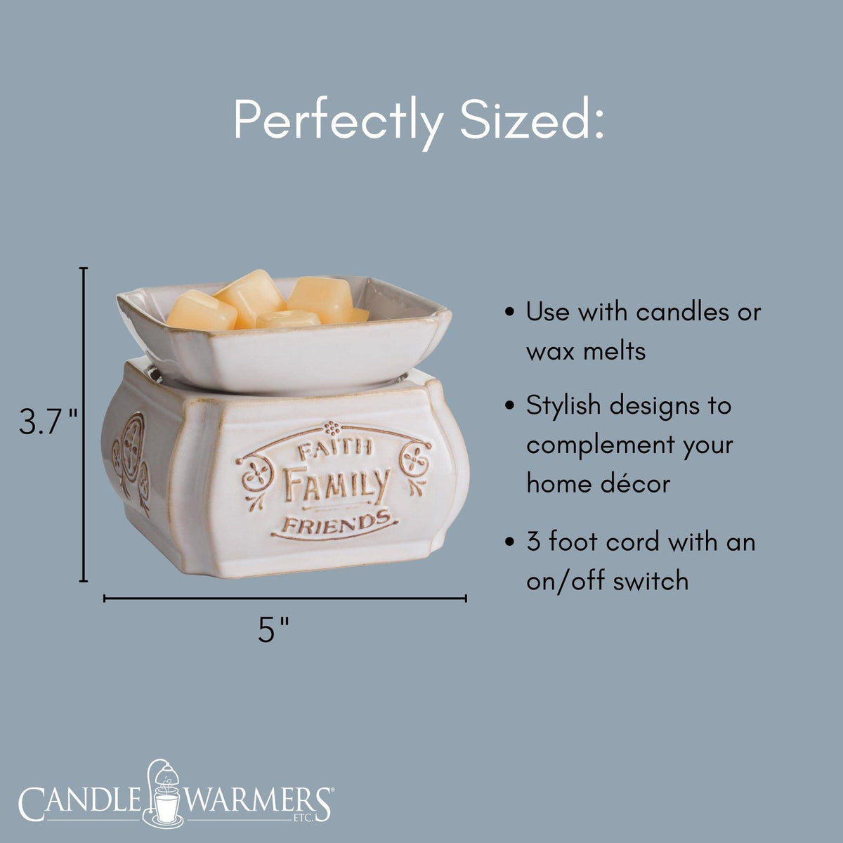 Candle Warmers Etc. 2-in-1 candle and wax melt warmer with Faith Family Friends design