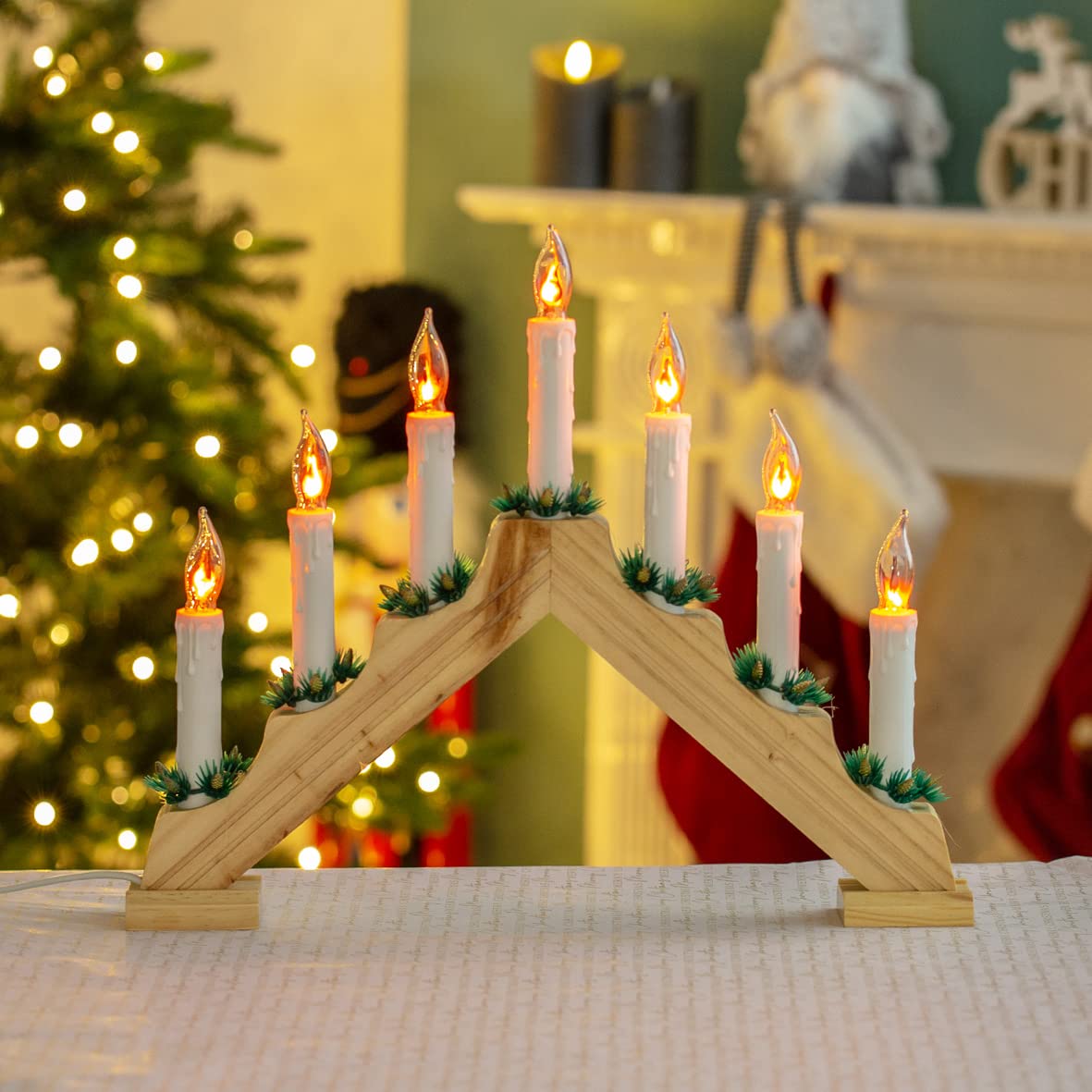 Wooden Christmas candle bridge with 7 flickering lights