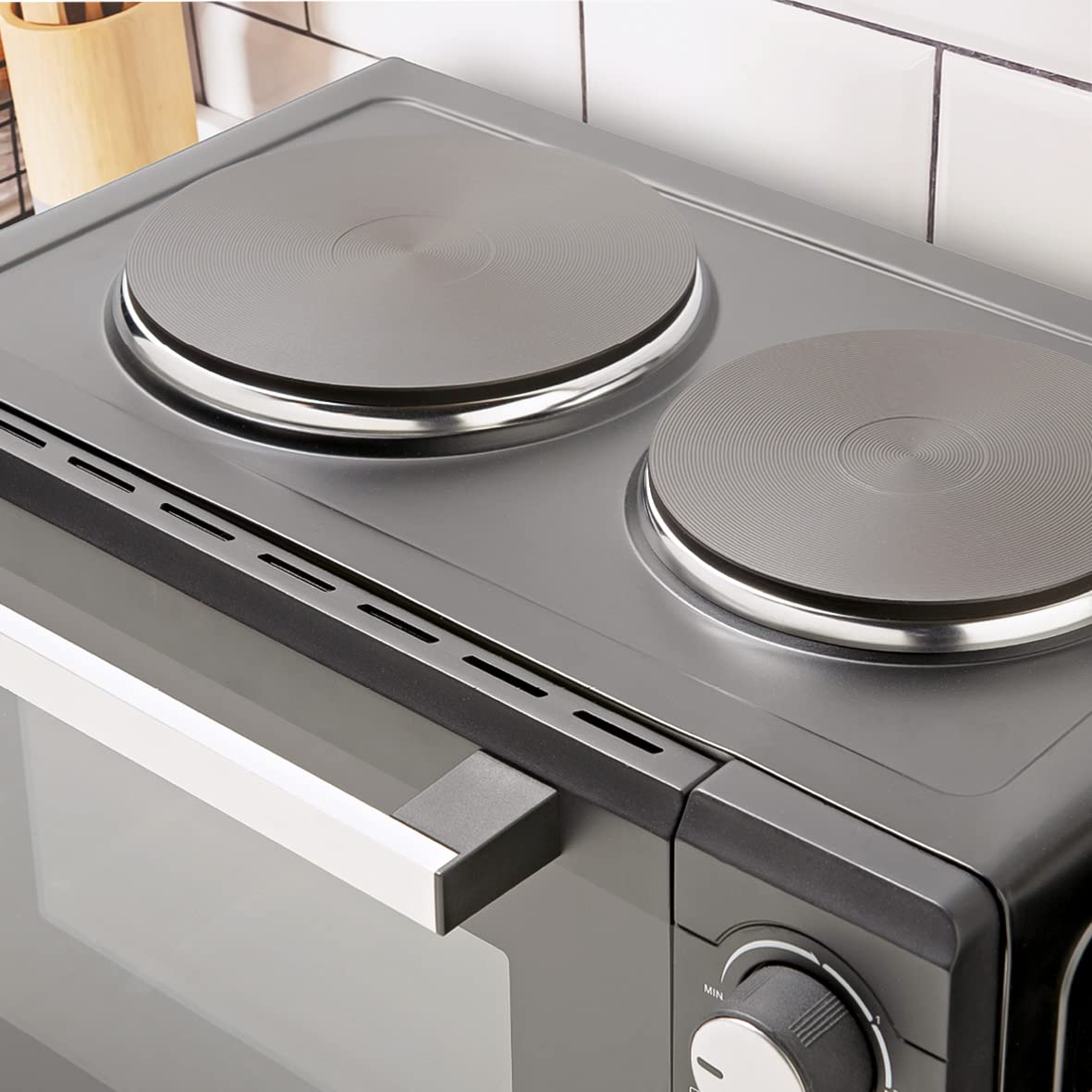 Quest 26L black countertop mini oven with twin hob and rotisserie