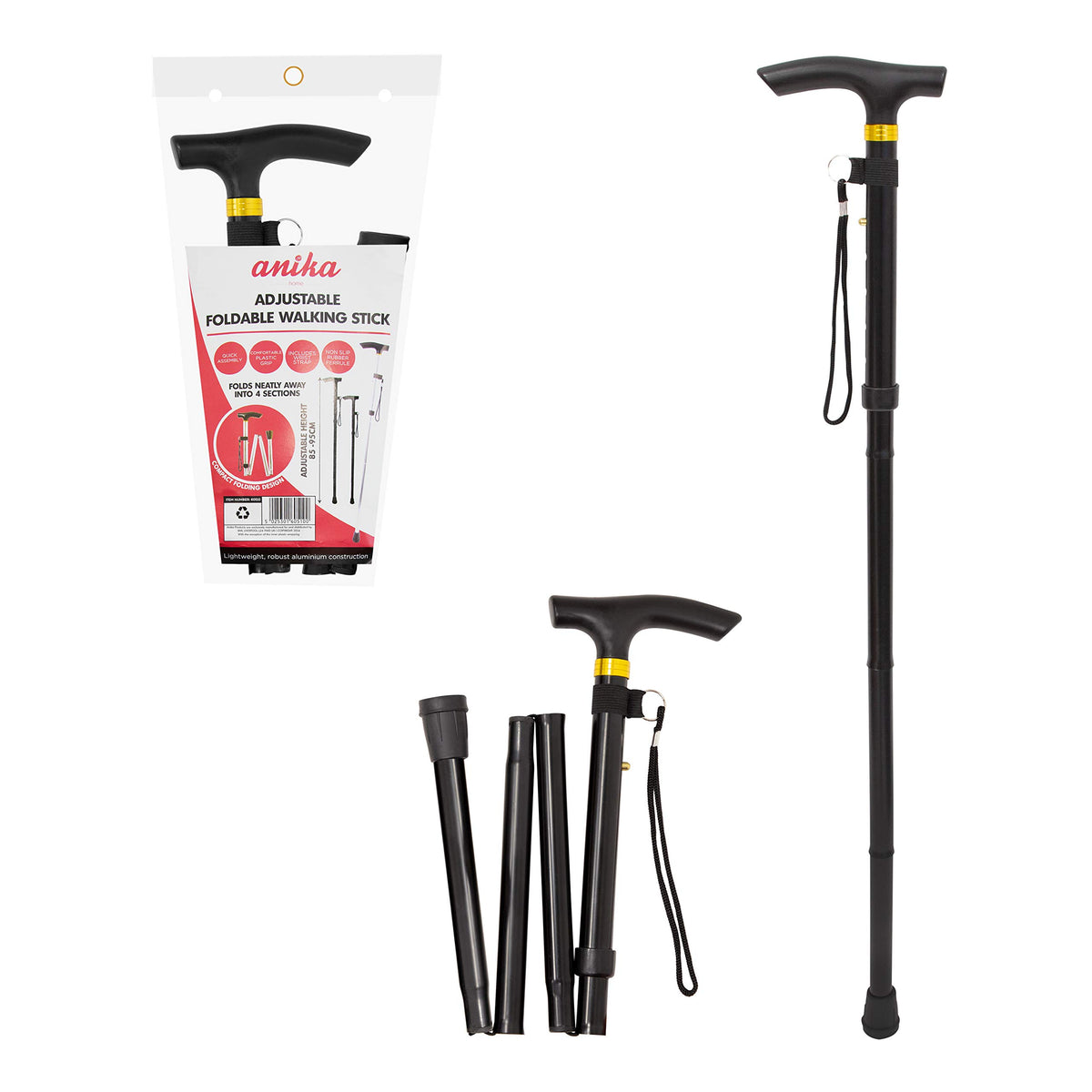 Anika black folding walking stick adjustable 85 to 95cm