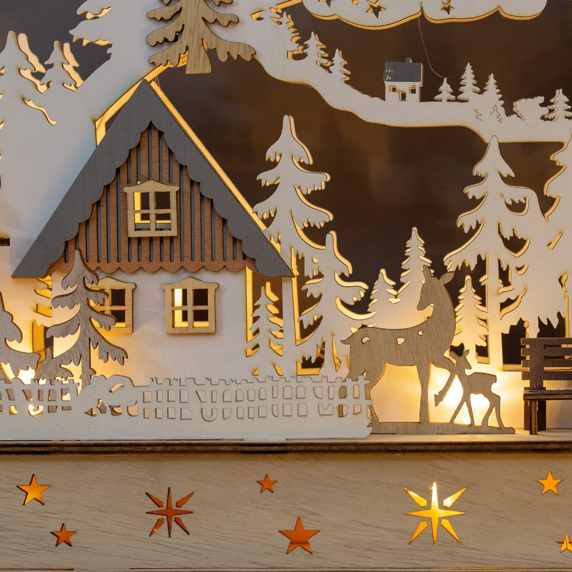 40cm wooden LED Christmas forest house scene with warm white lights