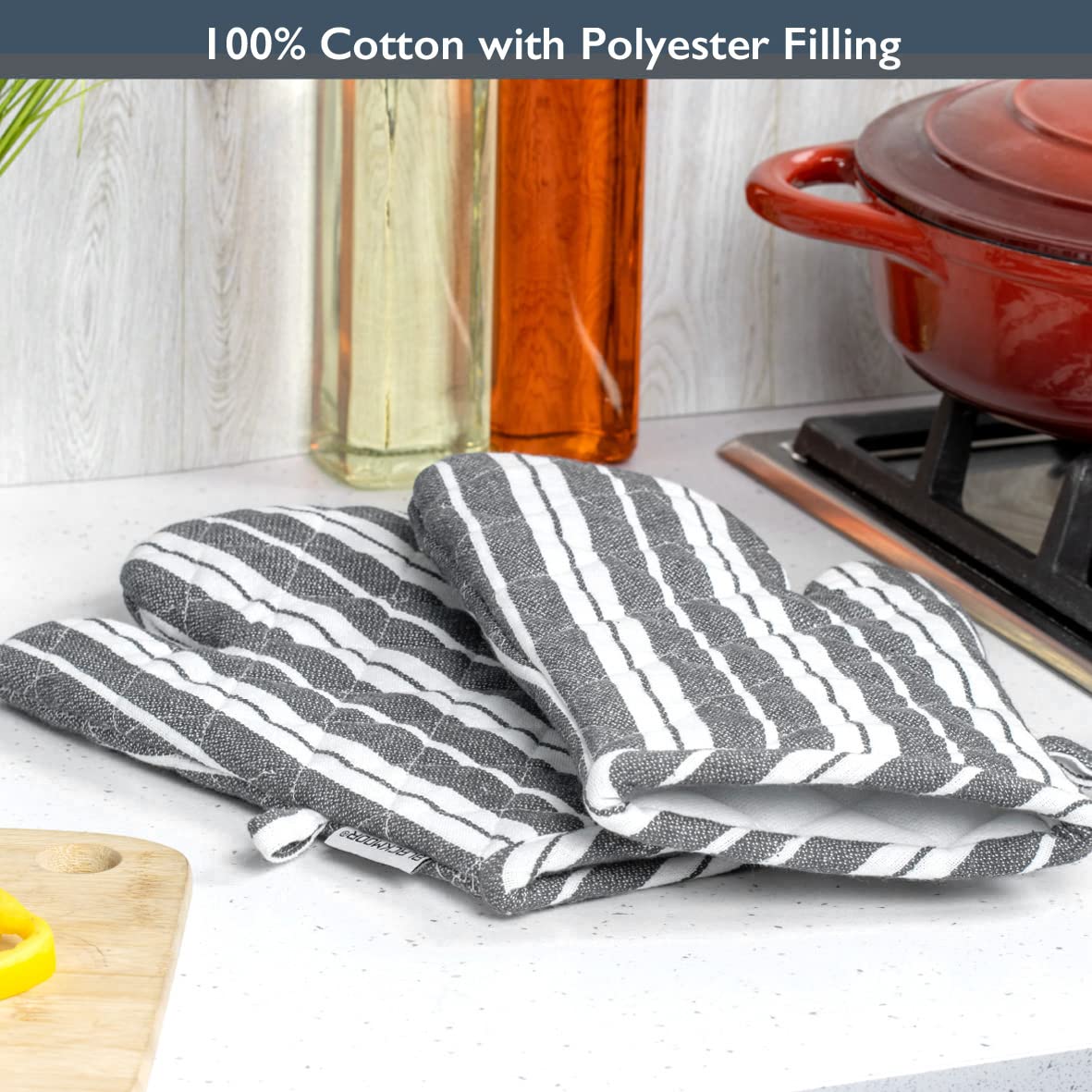 Blackmoor Pair of Oven Gloves/Set of 2 Heat Resistant Cotton Kitchen Mitts for Home Cooking, BBQ, Grilling, Baking/Grey or Navy Stripe with Hanging Loop (Grey)