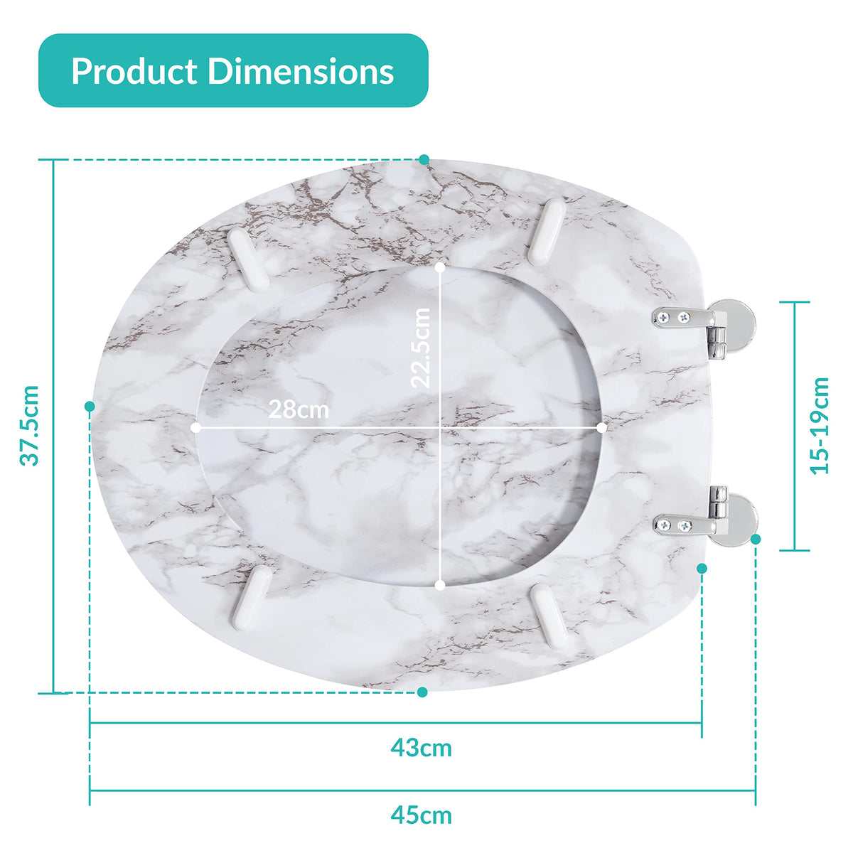 Marble-effect toilet seat with chrome hinges