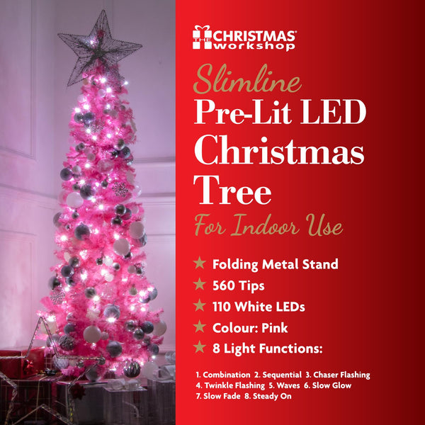 The Christmas Workshop 70870 6ft Pink Christmas Tree/Slim Artificial Pre-Lit Indoor Tree/Includes Folding Stand / 560 Tips & 110 LED Lights