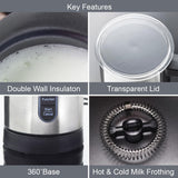 Quest 34179 Electric Milk Frother/Hot & Cold Coffee Frother/Double Walled Insulation/Non-Stick Easy Clean Interior / 300ml Capacity/Stainless Steel