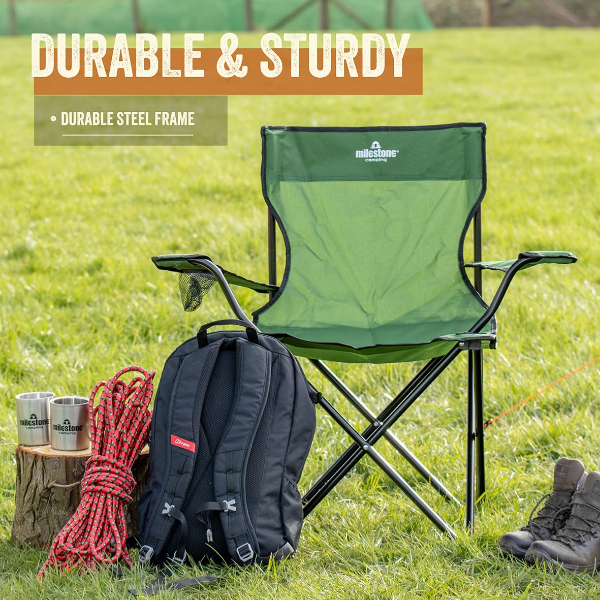 Milestone green camp chair cup holder detail