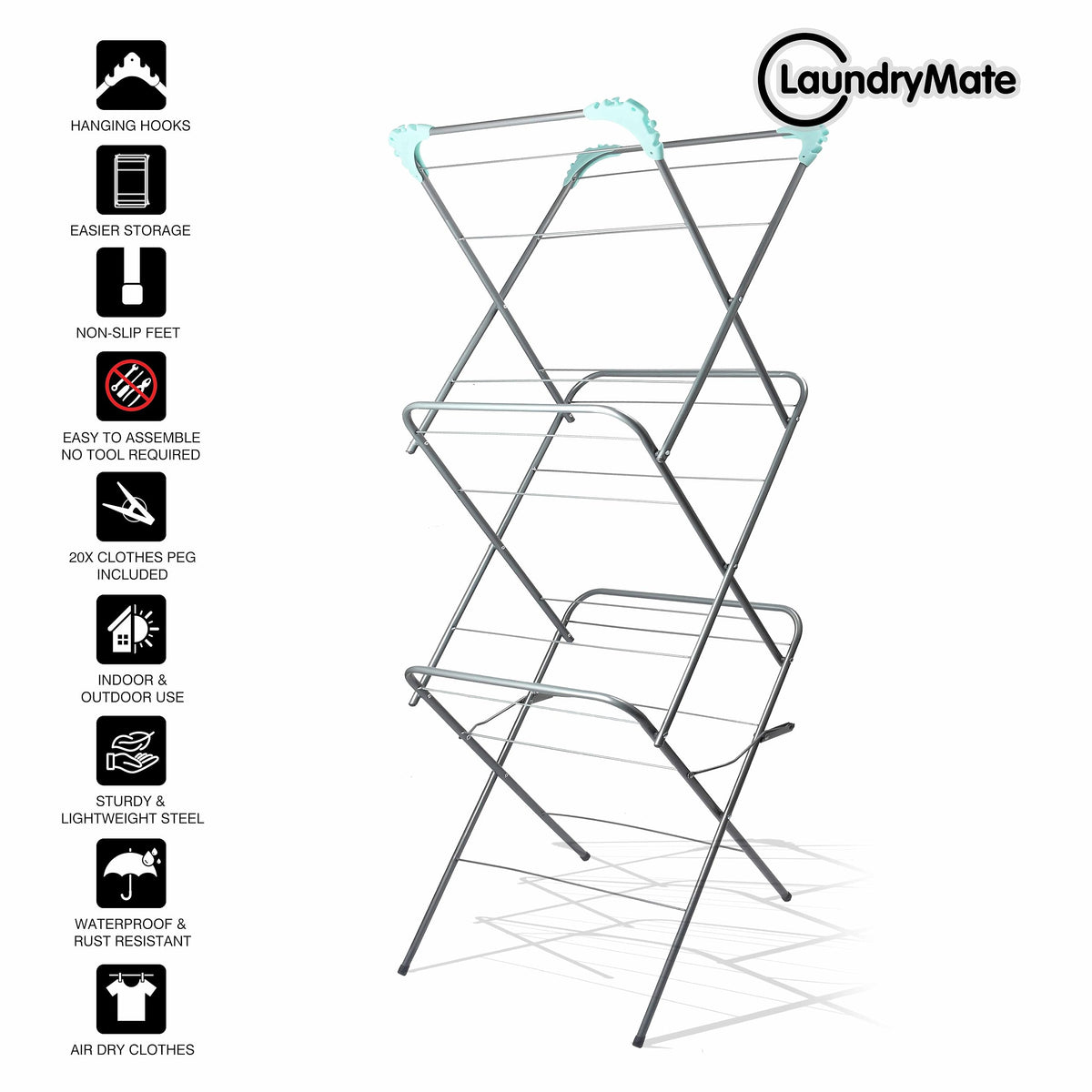 Laundry Mate three-tier foldable clothes airer with 20 pegs
