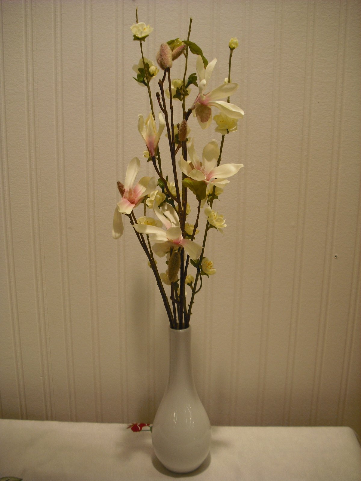 Cream blossom and magnolia artificial flower arrangement in vase – 60cm