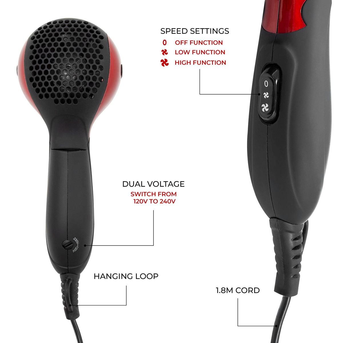 Red Hot 1200W red travel hair dryer with folding handle