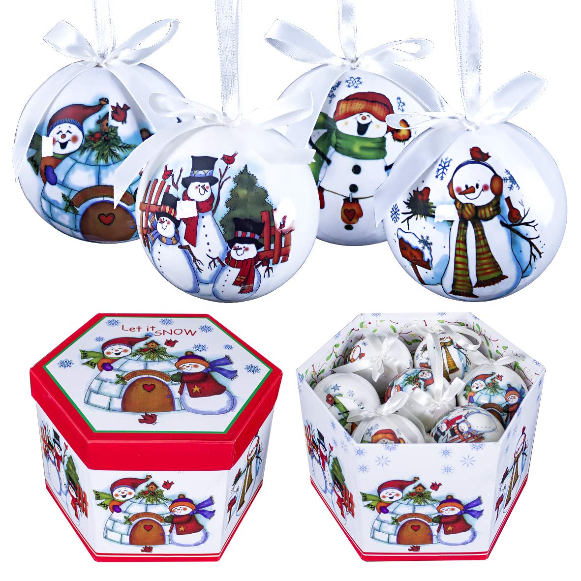 Gift-boxed set of 14 white cartoon snowman Christmas baubles