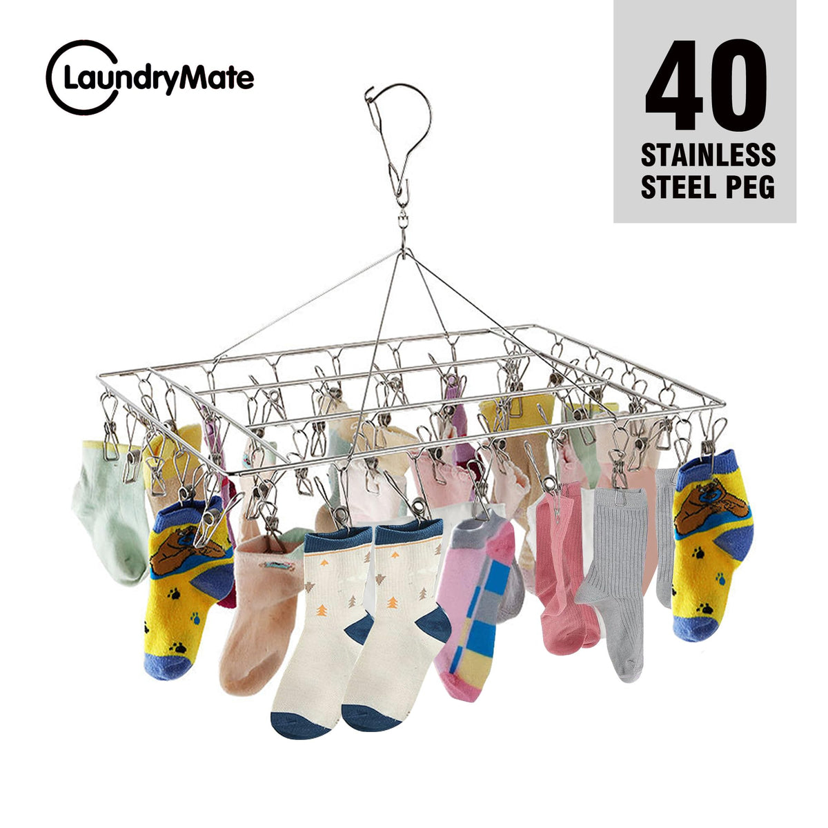 Laundry Mate stainless steel sock hanger with 40 pegs