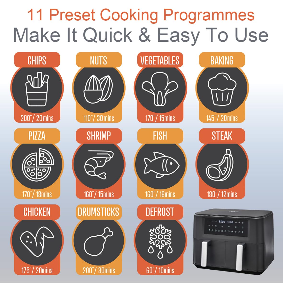Quest 9L dual basket 2400W air fryer with two 4.5L baskets
