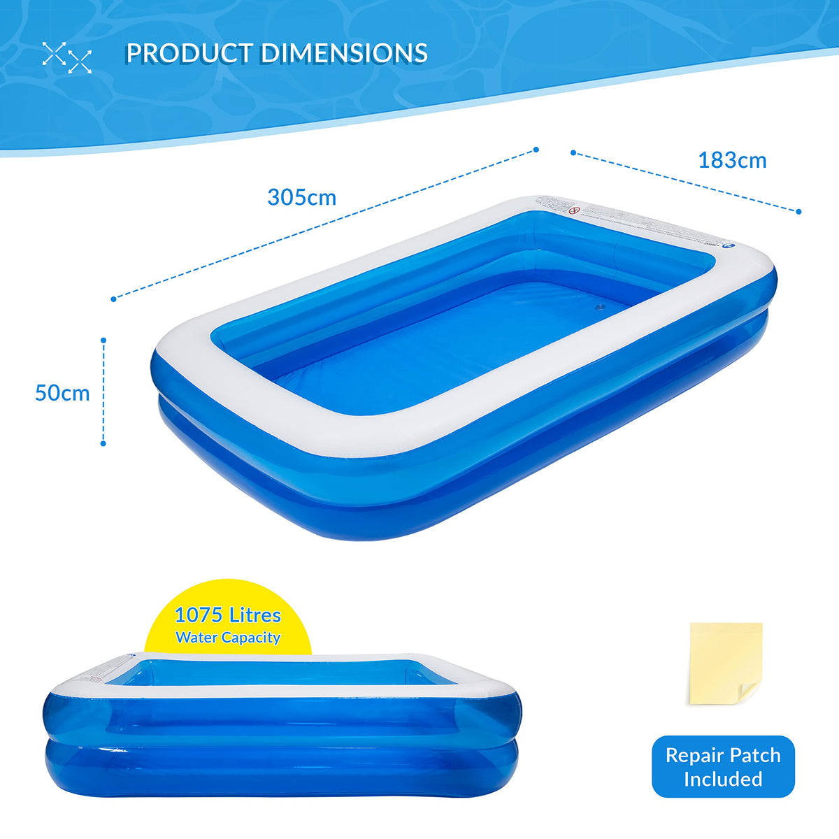 Benross blue 3m inflatable rectangular family pool