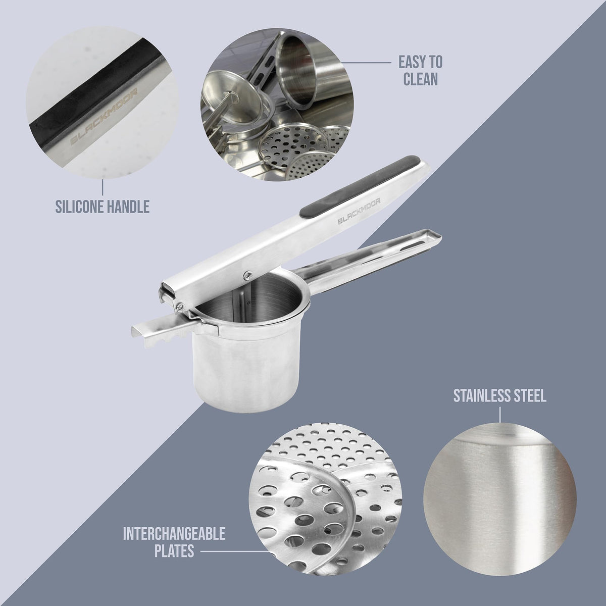 Blackmoor stainless steel potato ricer with three interchangeable plates
