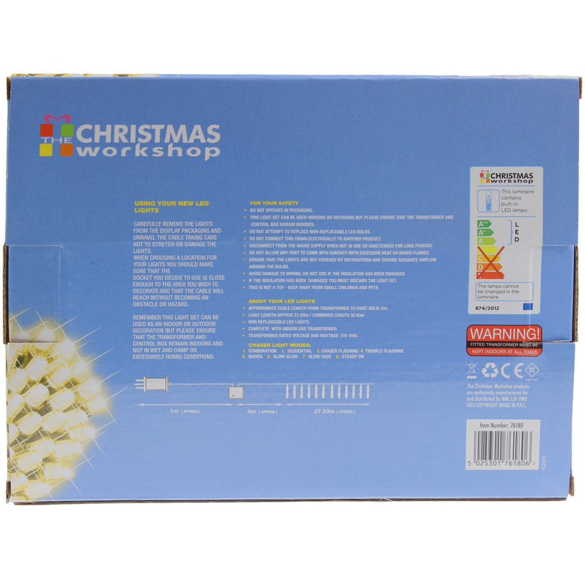 400 warm white LED chaser Christmas lights 27.9m