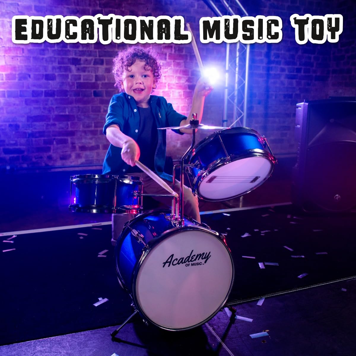 Blue kids 3-piece drum kit with stool, sticks and cymbal