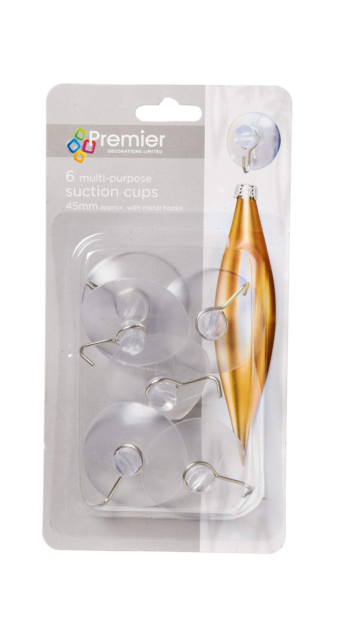 Premier 43mm clear suction cups with metal hooks pack of six