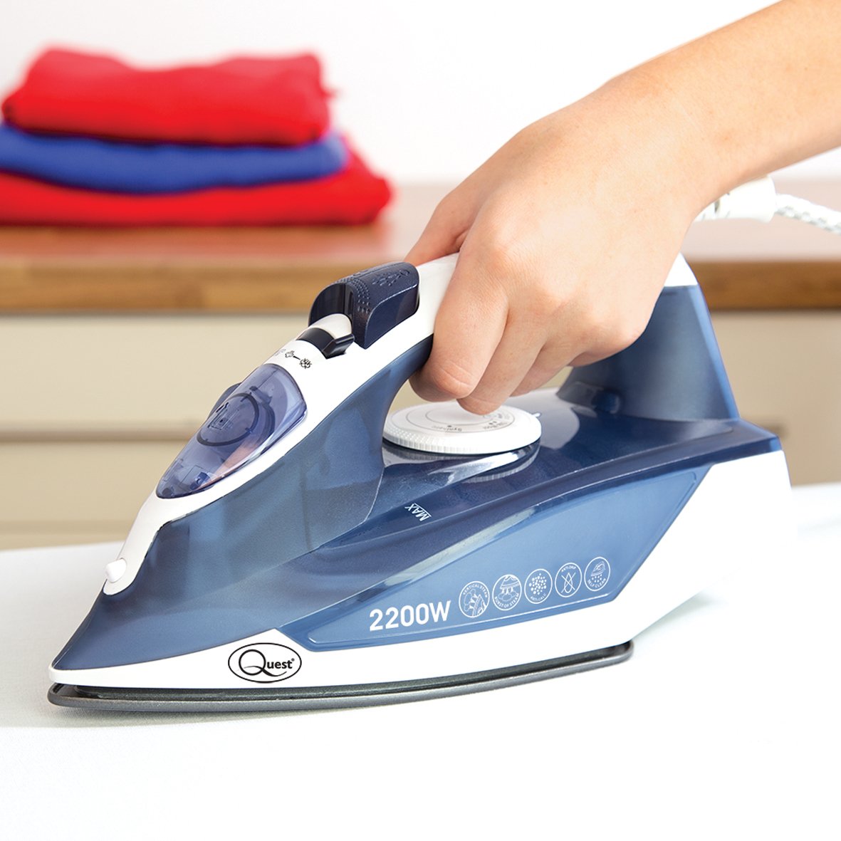 Quest 2200W blue and white steam iron with non-stick soleplate