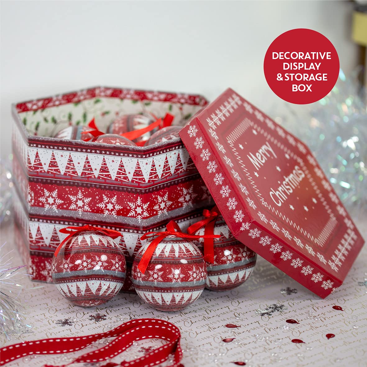 Set of 14 red and white Nordic Christmas baubles