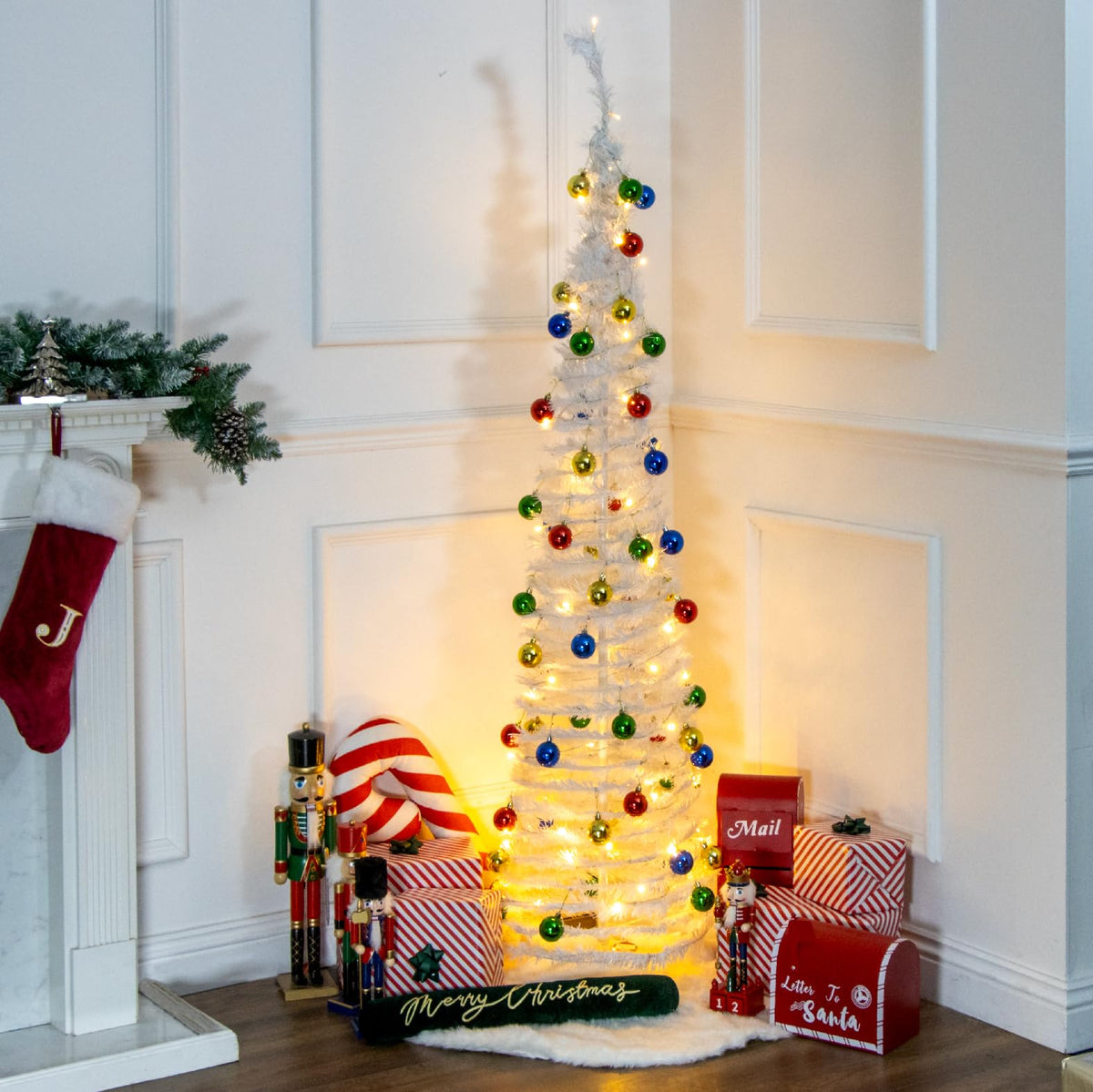 The Christmas Workshop 88220 6ft Pre-Lit Christmas Tree/White Artificial Christmas Tree/Pre-Decorated Pop-Up Tree / 60 LED Warm White Light Bulbs & 60 Baubles