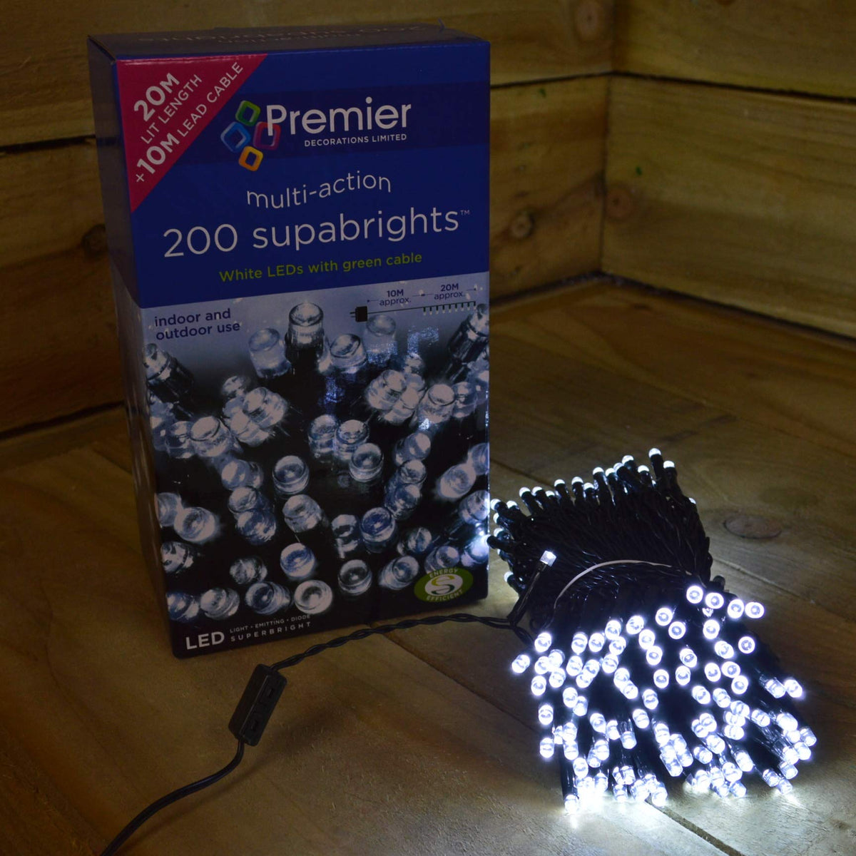 Premier 16m cool white Supabright outdoor Christmas lights with 200 LEDs