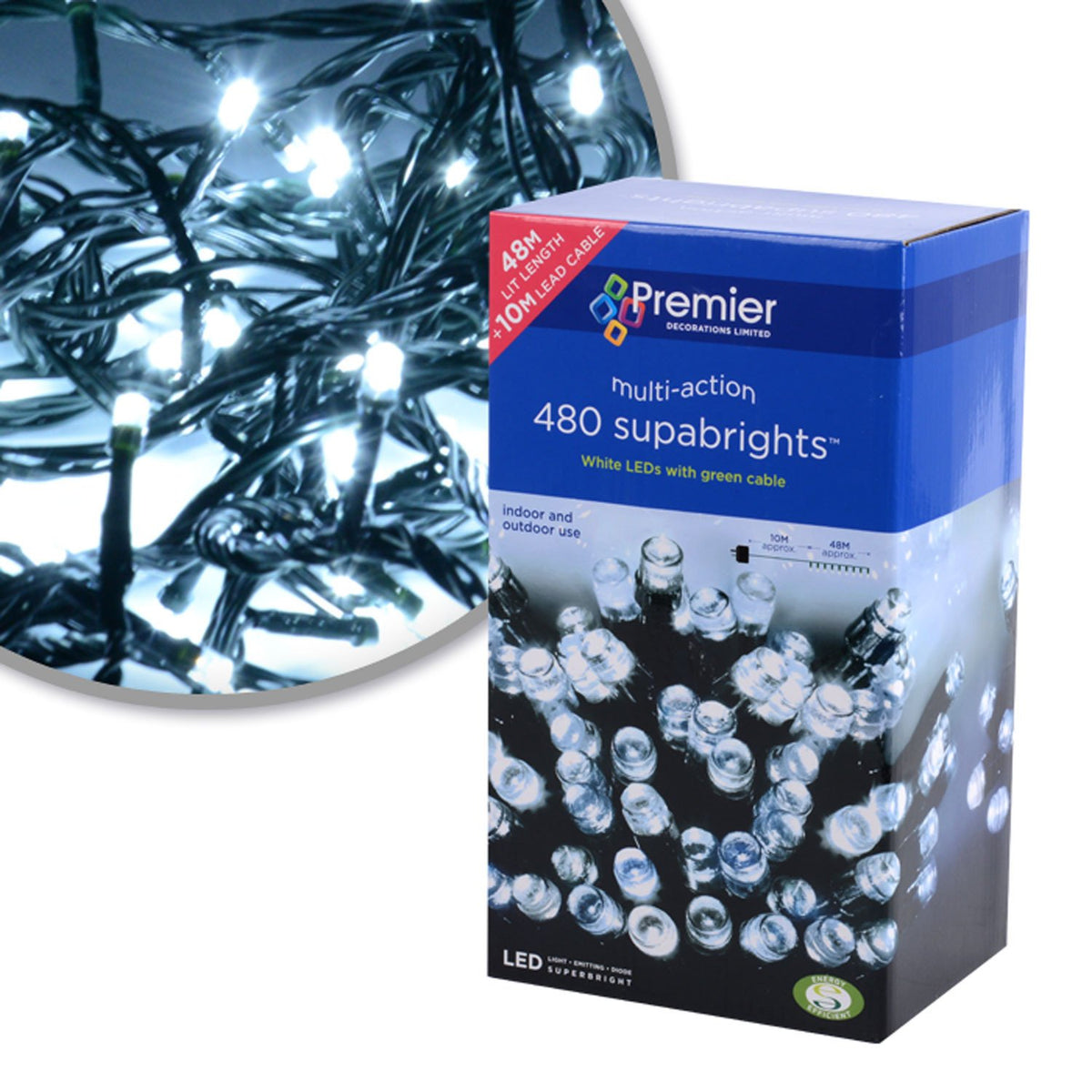 Premier 480 white LED Supabrights Christmas lights on green cable