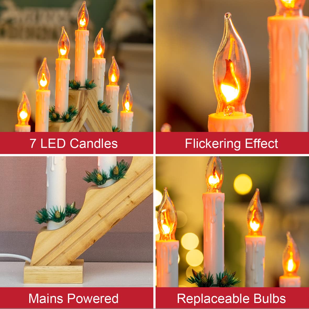 Wooden Christmas candle bridge with 7 flickering lights