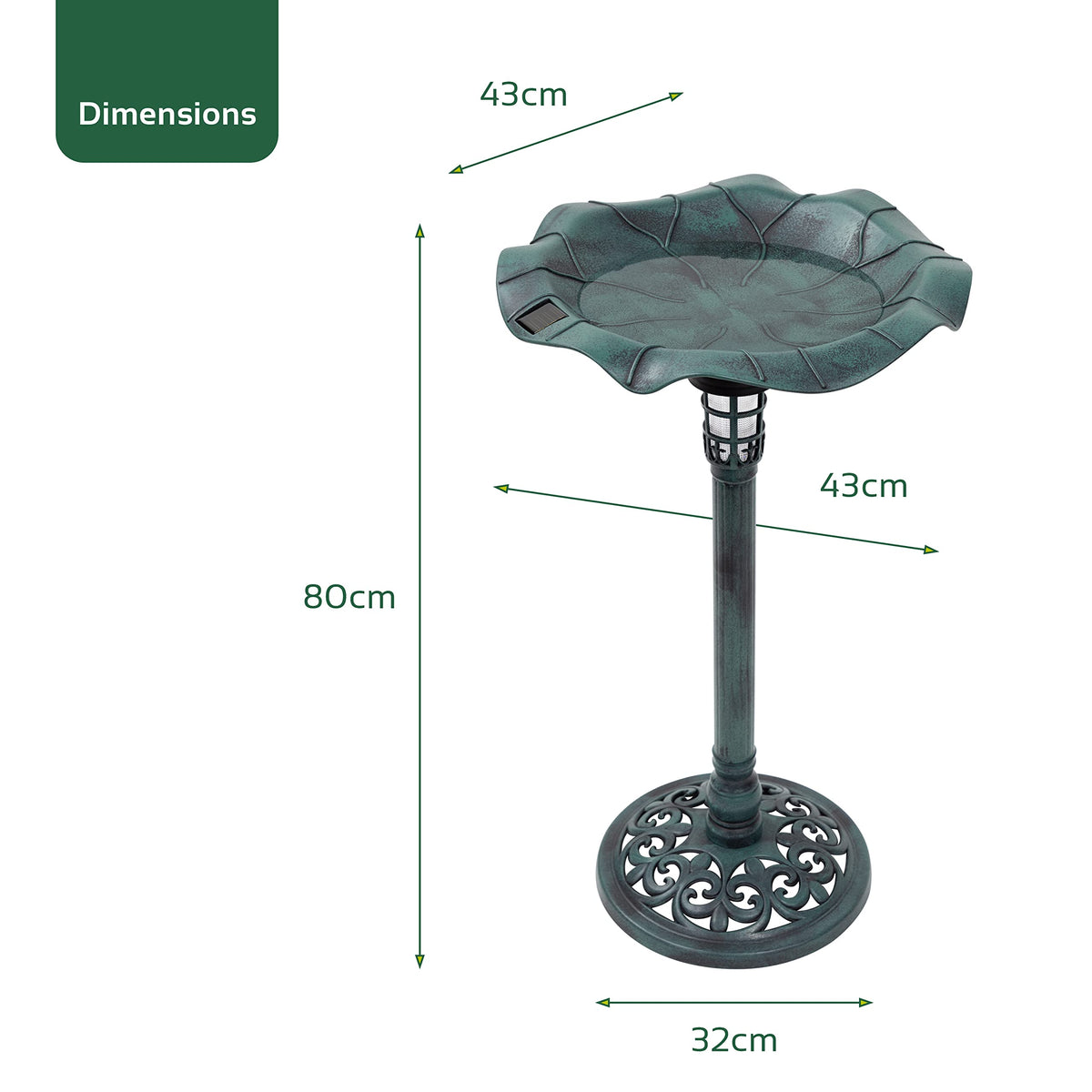 Verdigris garden bird bath with LED illumination
