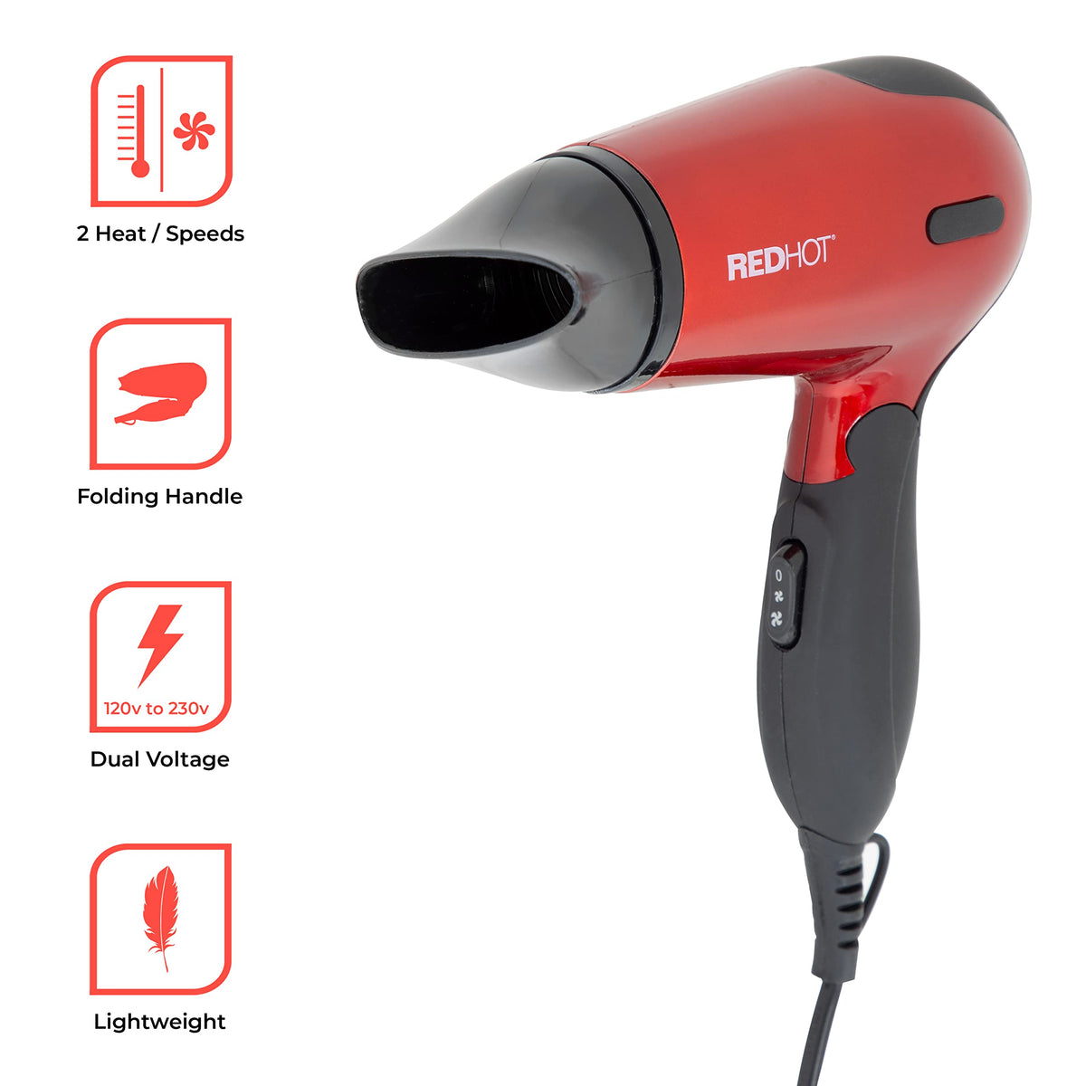 Red Hot 1200W red travel hair dryer with folding handle