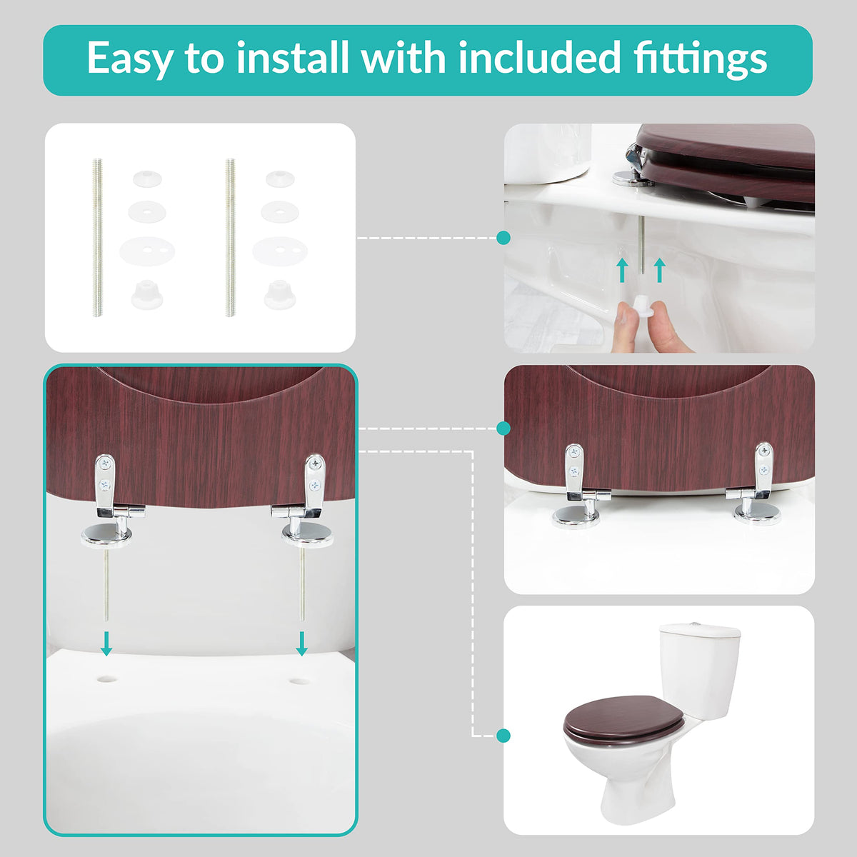 Mahogany-effect toilet seat with chrome hinges