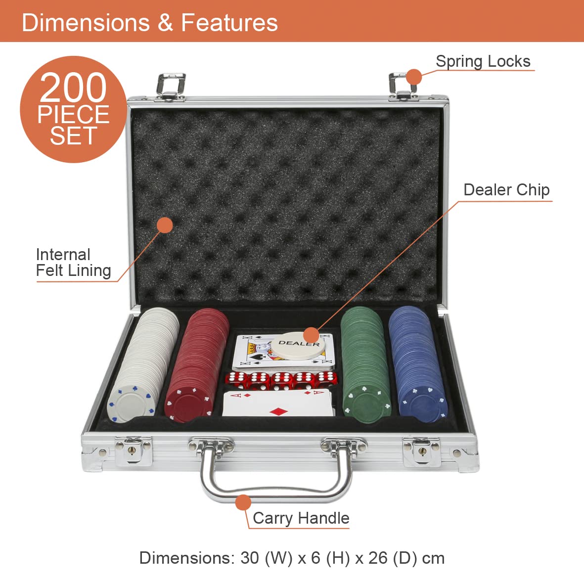 Global Gizmos 200-piece poker set with chips cards dice and aluminium case