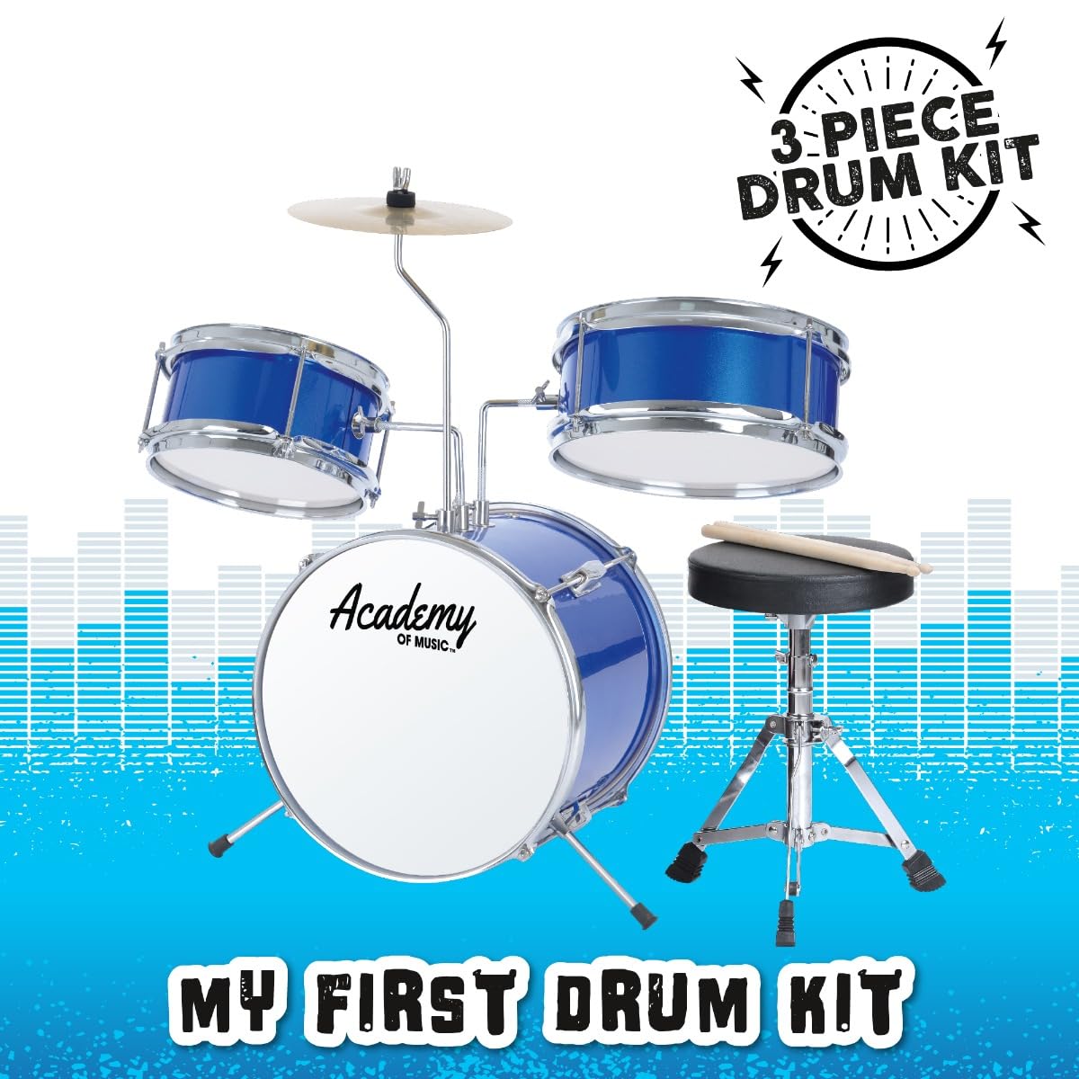 Blue kids 3-piece drum kit with stool, sticks and cymbal