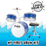 Blue kids 3-piece drum kit with stool, sticks and cymbal