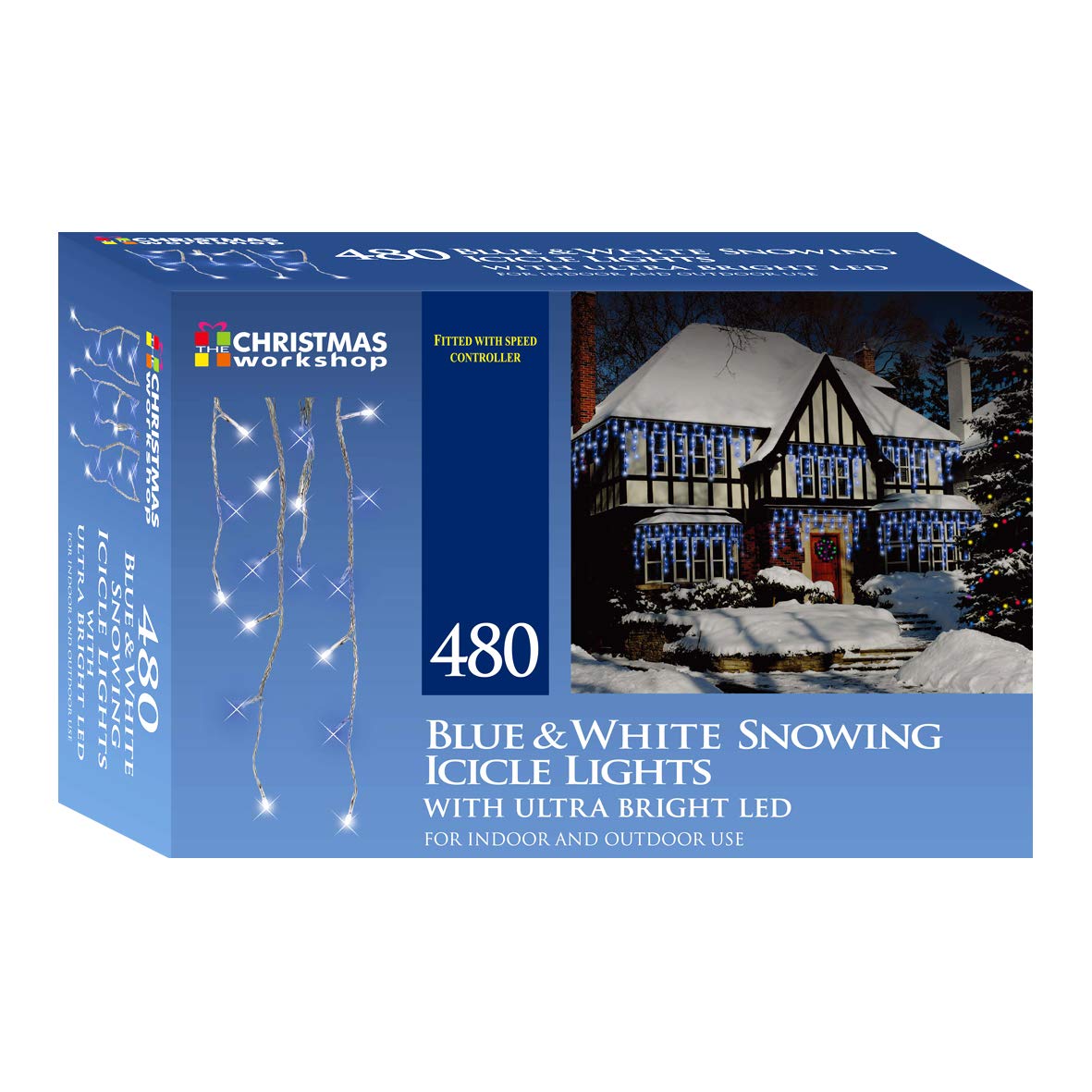 480 blue and bright white LED snowing icicle Christmas lights – 9.48m