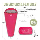 Single Mummy Sleeping Bag 2 Season Water Resistant, Pink - Milestone